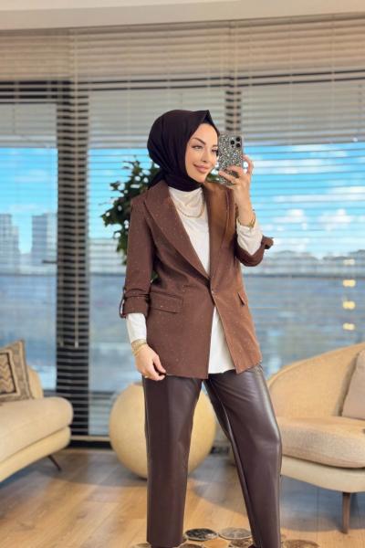 34720 Taşlı Kol Detaylı Ceket Kahve