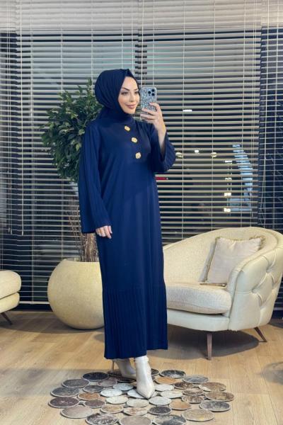 3507 Metal 3 Broşlu Triko Elbise Lacivert