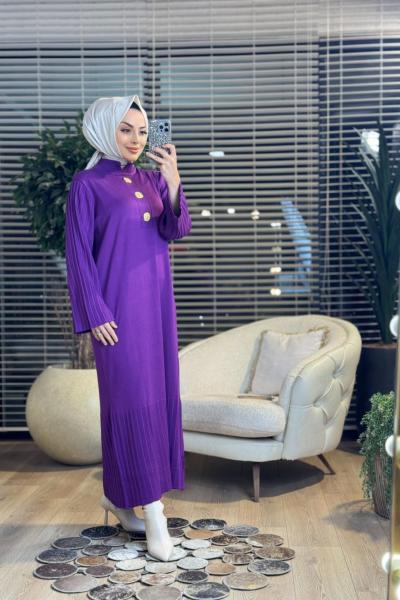 3507 Metal 3 Broşlu Triko Elbise Leylak