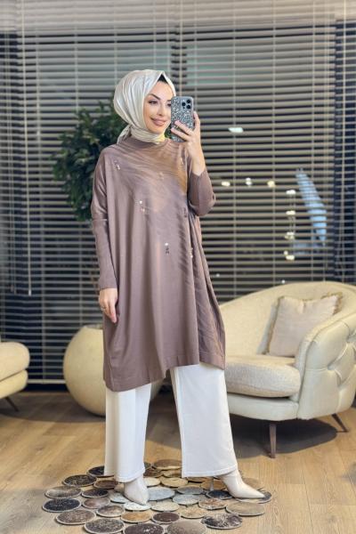 3508 Üst Pul Nakışlı Kendinden Desenli Triko Tunik Vizon