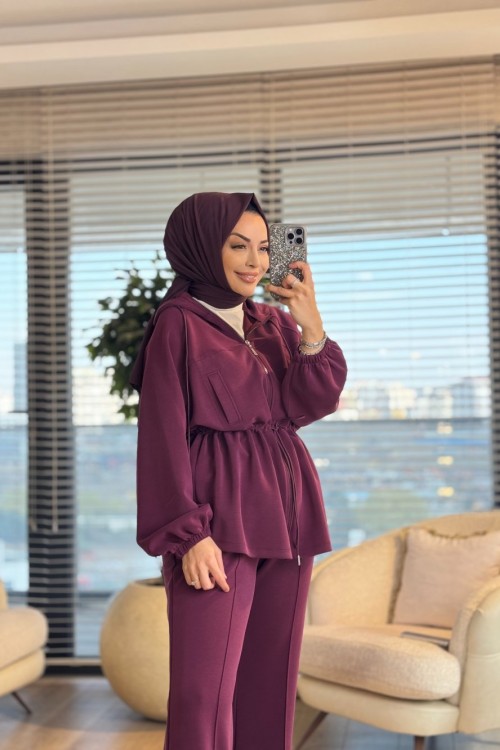 35373 Bel Kordonlu Kesik Detaylı Takım Bordo
