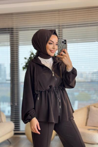 35373 Bel Kordonlu Kesik Detaylı Takım Kahve