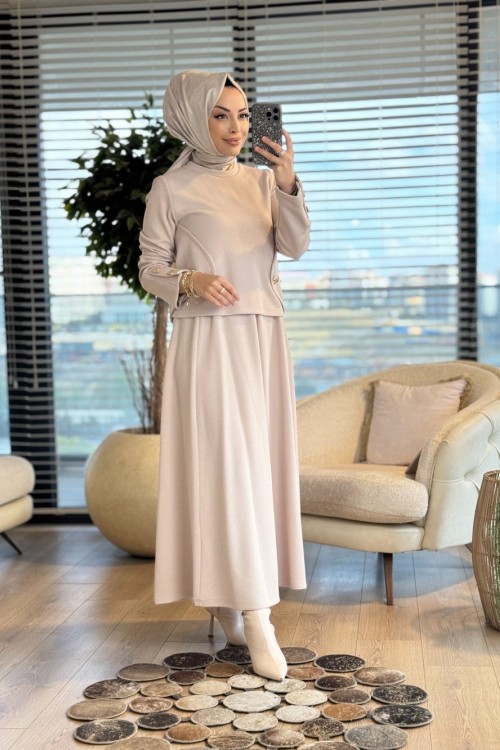 35588 Yanları Düğmeli Etekli Takım Bej
