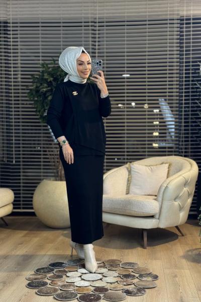 3561 Ön Parçalı Broşlu Triko Etekli Takım Siyah