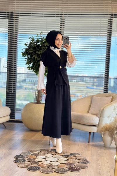 35718 Kruvaze Yelekli Etekli Takım Siyah
