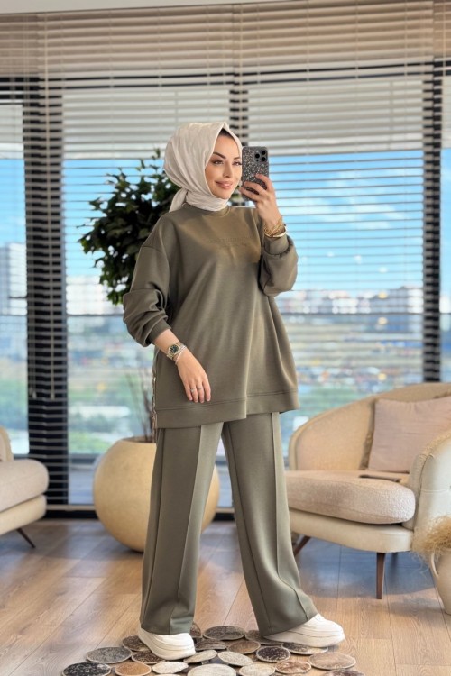 35798 Tonaton Baskı Geniş Paçalı Pantolonlu Takım Haki