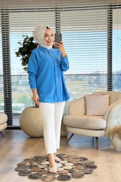 35842 Keten Basic Gömlek İndigo
