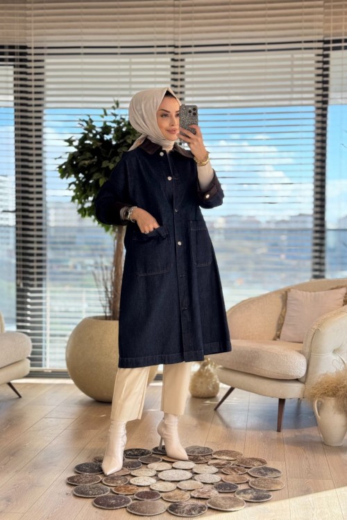 35884 Kontrast Yaka Kot Ceket Lacivert