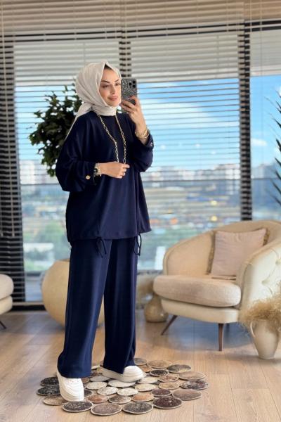 36068 Pile Detaylı Pantolonlu Takım Lacivert