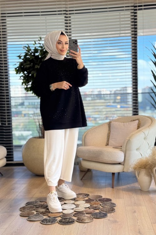 36083 Taş Mixli SweatShirt Siyah