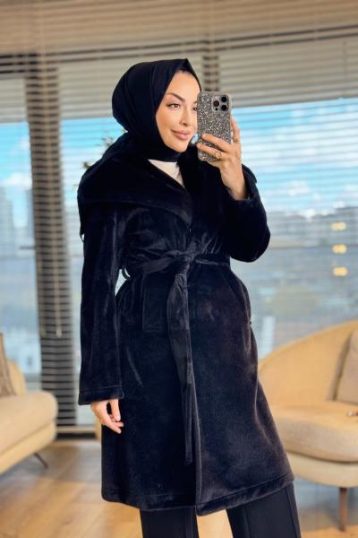 36234 Geniş Yakalı Düğmeli Kaban Siyah
