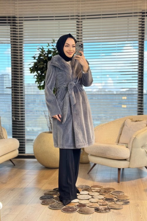 36234 Geniş Yakalı Düğmeli Kaban Antrasit