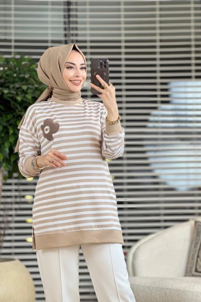 3662 Çizgili Papatya Nakışlı Sweat Bej