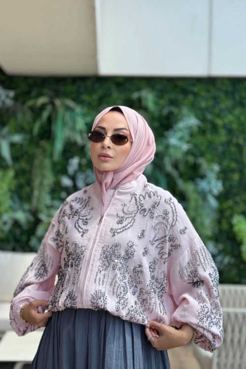 38191 Üstü Boncuk İşlemeli Fermuarlı Mont Pembe