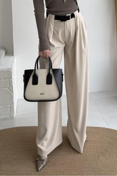 3855 Geniş Köprü Detaylı Kemerli Pantolon Taş