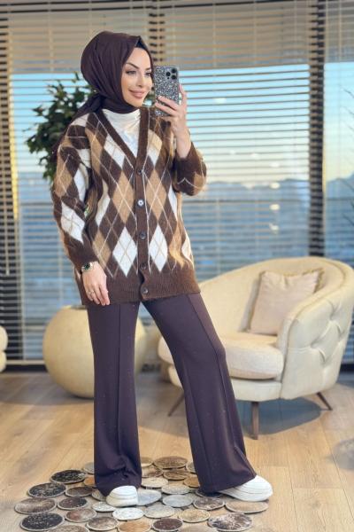 3948 Baklava Desenli Hırka Kahve