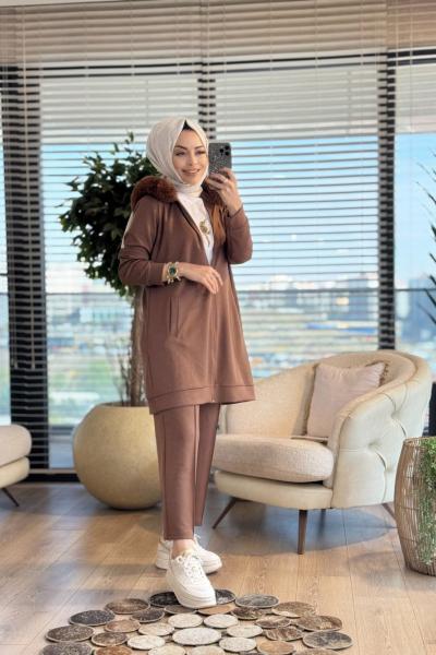 3950 Yaka Kürklü Fermuarlı Takım Kahve