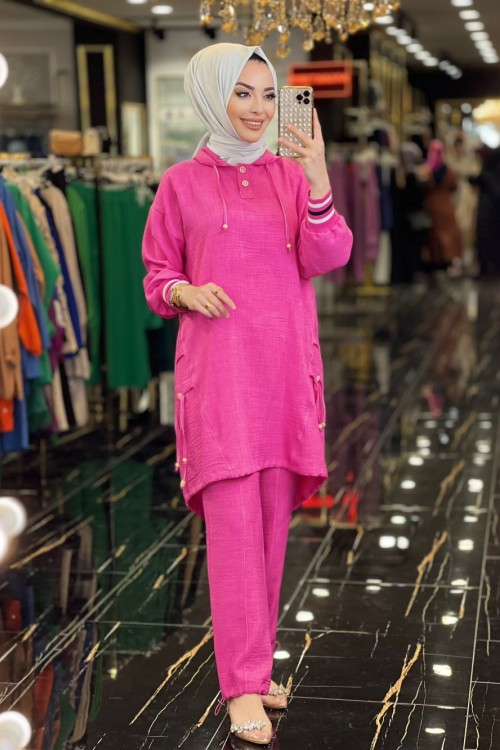 4009 Keten Patı 2 Düğme Kapşonlu Takım Fuşya