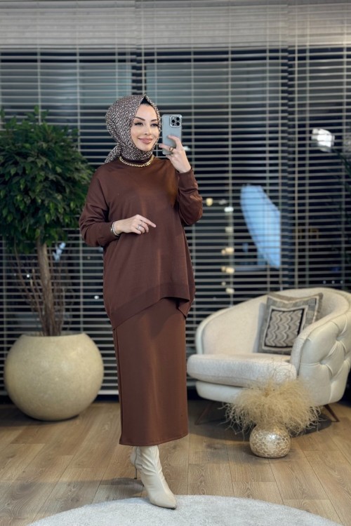 40408 Kolu Katlamalı Sıfır Yaka Tunik Kahve