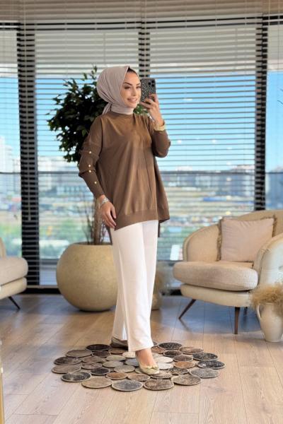 40741 Kolu Gold Düğmeli Triko Tunik Vizon