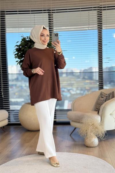 40986 Gold Düğme Detaylı Tunik Kahve
