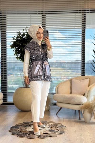 4111 Kadife İşli Pullu Yelek Gümüş