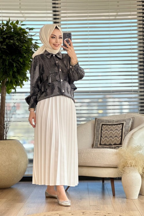 4111 Saten Kendinden Desenli Gömlek Gri