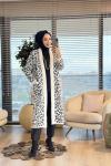 4143 Angora Leopar Desen Uzun Hırka Ekru Siyah