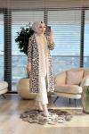 4143 Angora Leopar Desen Uzun Hırka Bej Kahve