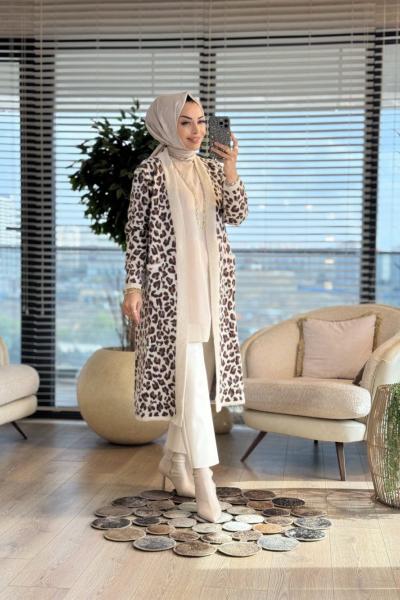 4143 Angora Leopar Desen Uzun Hırka Bej Kahve
