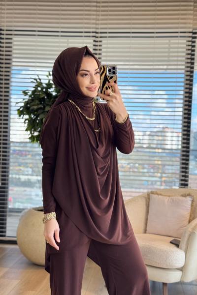 4201 Omzu Pileli Önü Dökümlü Sandy Takım Kahve