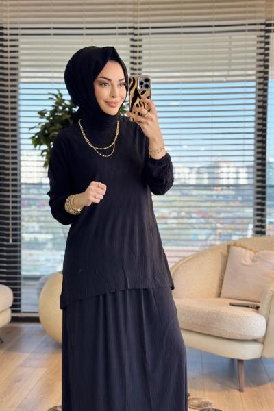 4209 Manolya Kraşlı Etekli Takım Siyah