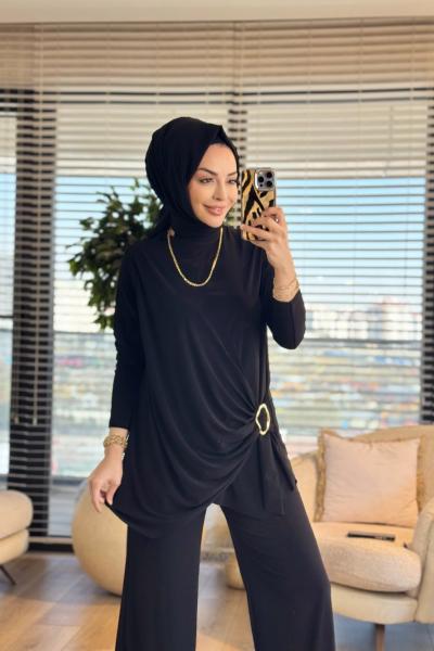 4225 Yanı Toka Büzgülü Pantolonlu Takım Siyah