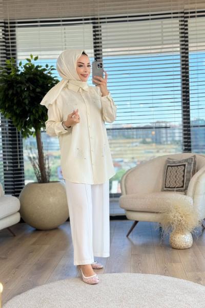 4275 Tencel Ön Taş Baskılı Tunik Ekru