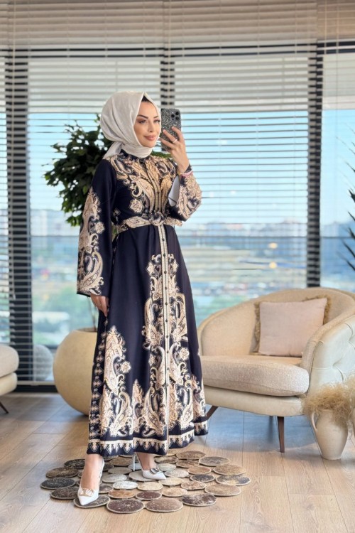 4297 Büyük Şal Desenli Elbise Siyah