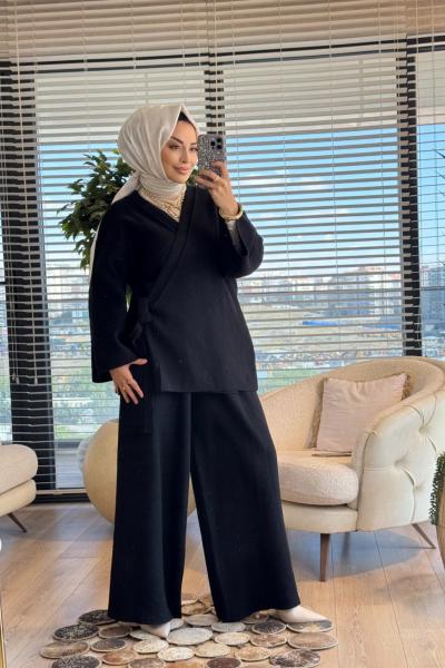 44115 Triko Yandan Bağlamalı Bol Paçalı Pantolon Takım Siyah