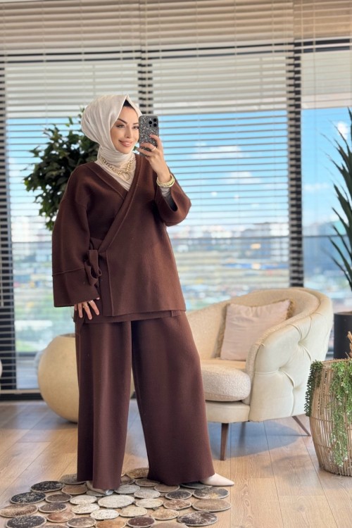 44115 Triko Yandan Bağlamalı Bol Paçalı Pantolon Takım Kahve