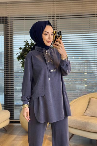 4417 Oysho Dik Yaka Patı İki Düğmeli Takım Lacivert