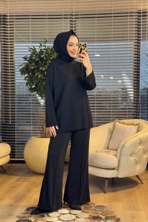 44186 Kolları Katlamalı Simli Triko Tunik Siyah