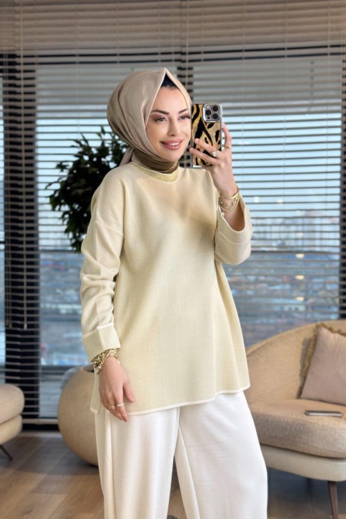 44186 Kolları Katlamalı Simli Triko Tunik Ekru