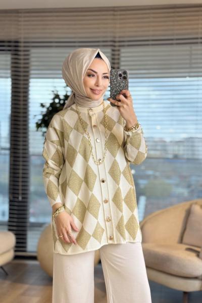 44191 Sim Baklavalı Desen Hırka Ekru