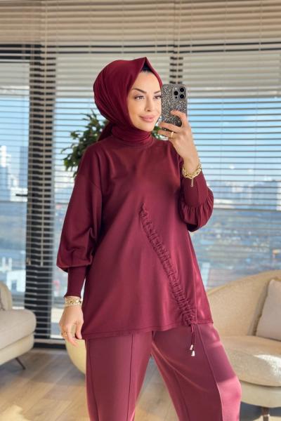 44199 Önü Büzgülü Triko Tunik Bordo