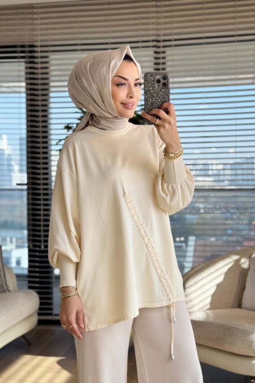 44199 Önü Büzgülü Triko Tunik Ekru