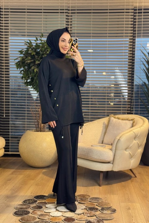 44214 Yanları Verev Parçalı Triko Tunik Siyah