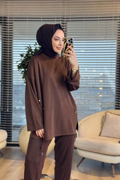 44214 Yanları Verev Parçalı Triko Tunik Kahve