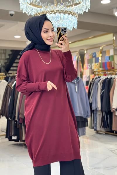 44221 Manşeti Lastikli Triko Tunik Bordo