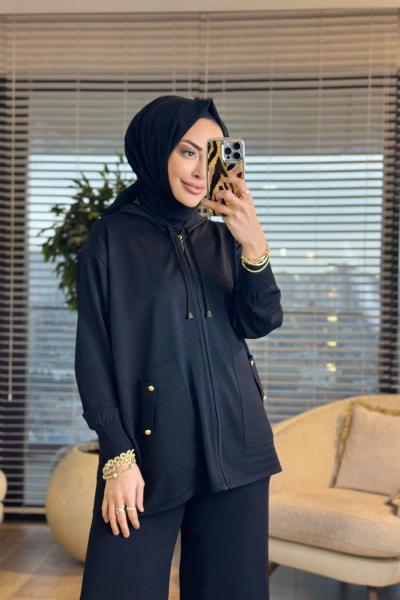 44226 Önü Cep Detaylı Kapşonlu Triko Takım Siyah