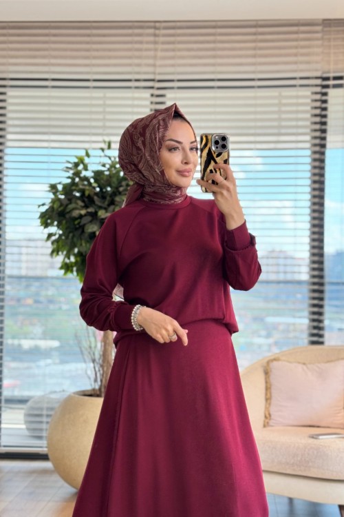 4425 Dikiş Detaylı Etekli Oysho Takım Bordo