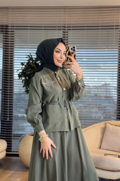 4443 Sol Gögüs Kuş İşli Takım Haki