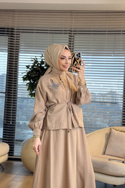 4443 Sol Gögüs Kuş İşli Takım Bej